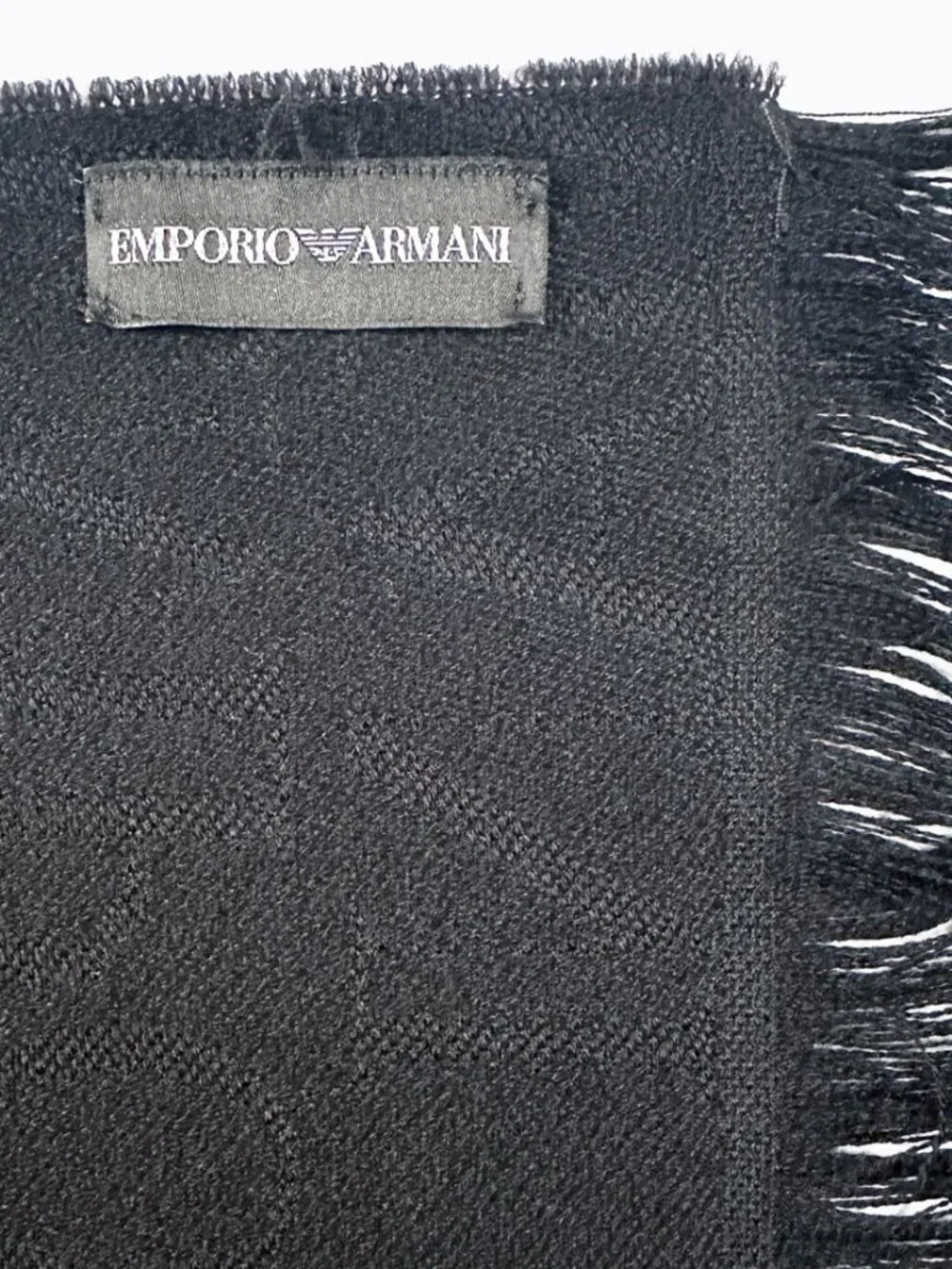 Emporio Armani Vintage Black Jacquard Logo Pattern Fringed Oblong Luxury Scarf